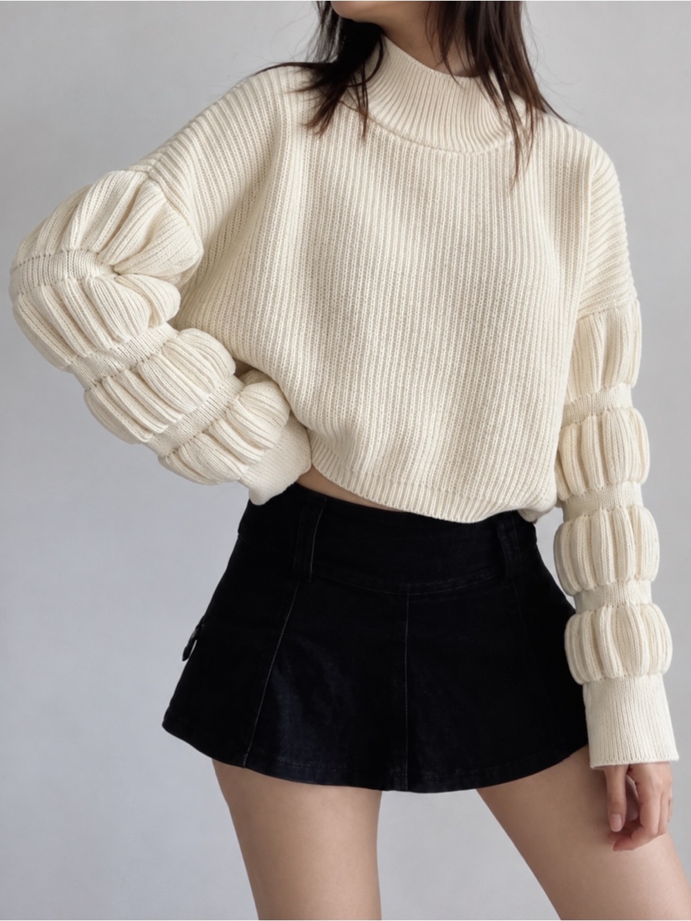 12th Tribe Cream Statement Sleeve Cropped Mock Neck Sweater with Bubble Sleeves